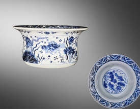 青花水草纹折沿洗