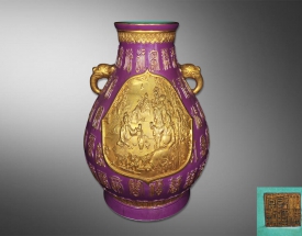 紫地百福描金双耳兽头