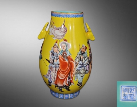 黄釉粉彩木兰帅人物鹿